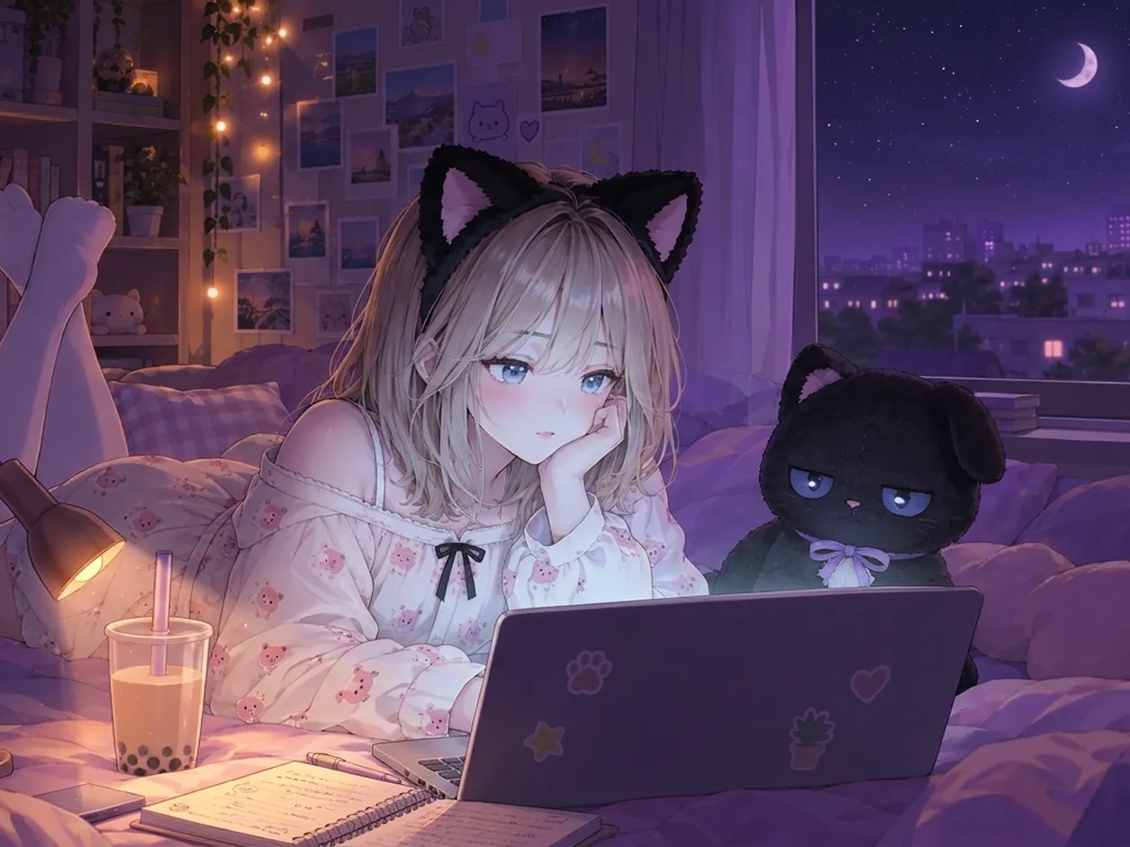 Illustration of Jaymee at night, lying on the bed in pyjamas and a cat-ear headband, chin on one hand, looking at a laptop. Kuri the black cat plush sits beside the laptop; a quiet, unnamed city glows outside the window.